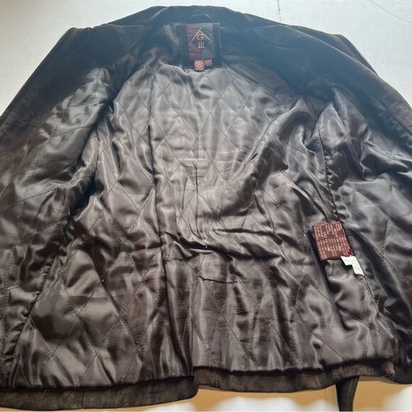 G III Women's Brown Suede Jacket Full Zip Lined Attached Belt Size Small Petite - Picture 10 of 11